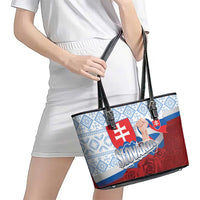 Slovakia Independence Day Leather Tote Bag Slovak Map With Rosa Slavic Pattern