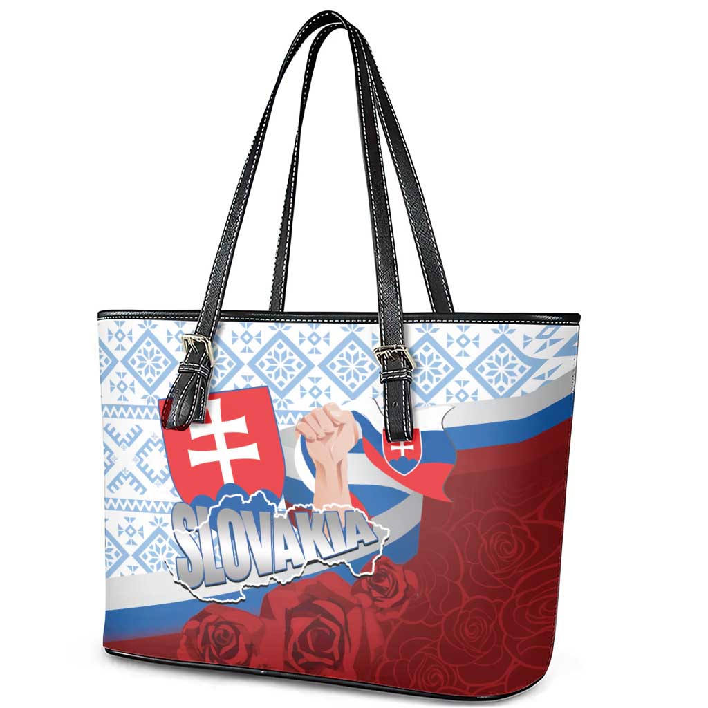 Slovakia Independence Day Leather Tote Bag Slovak Map With Rosa Slavic Pattern