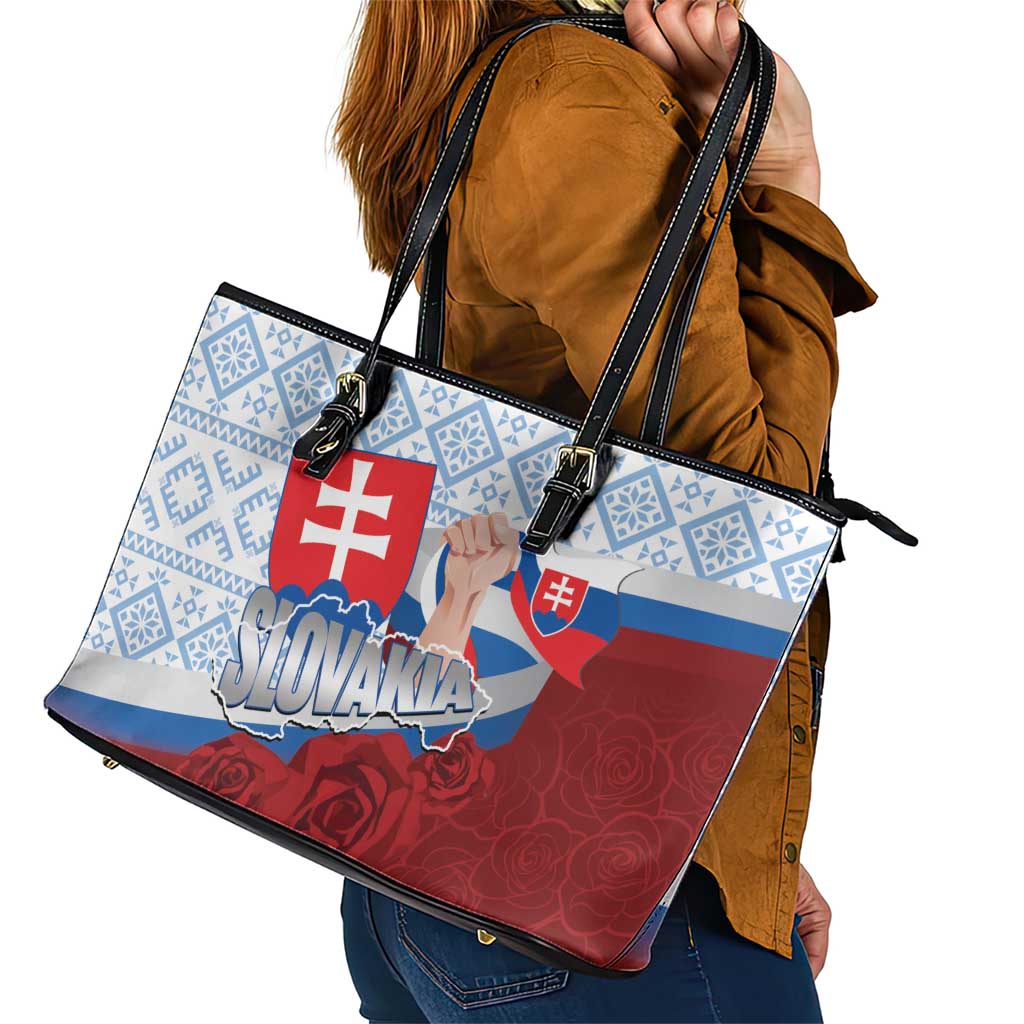 Slovakia Independence Day Leather Tote Bag Slovak Map With Rosa Slavic Pattern