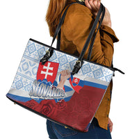 Slovakia Independence Day Leather Tote Bag Slovak Map With Rosa Slavic Pattern