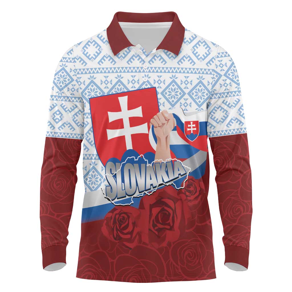 Slovakia Independence Day Long Sleeve Polo Shirt Slovak Map With Rosa Slavic Pattern