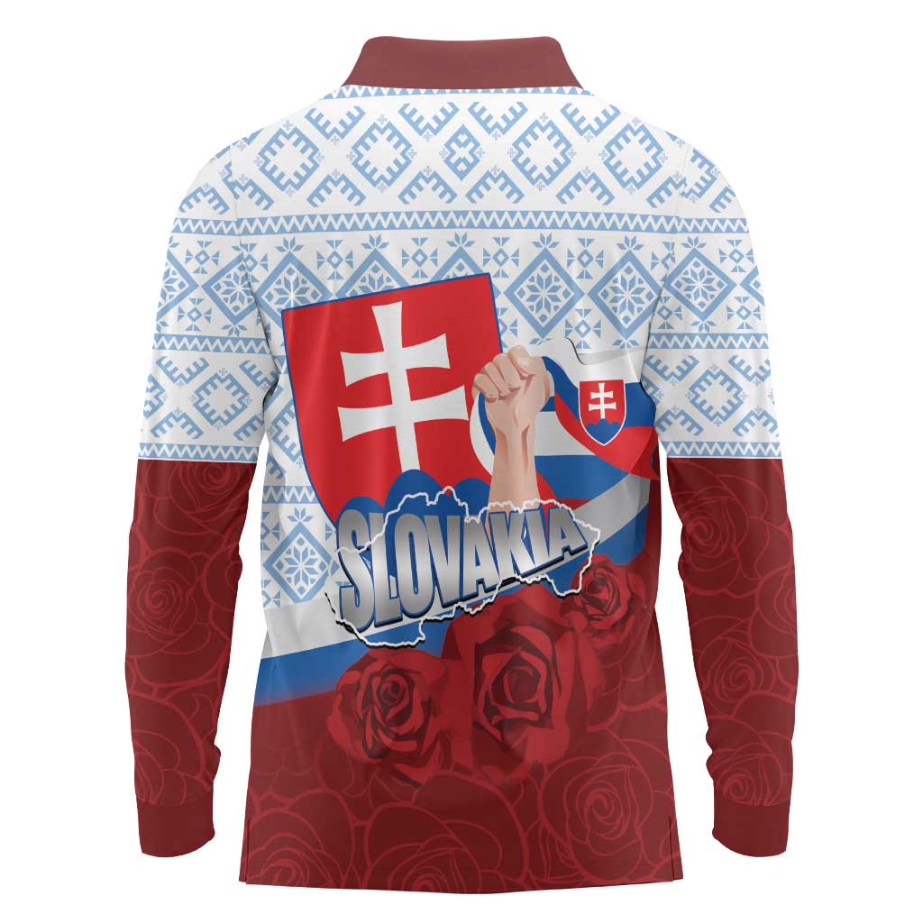 Slovakia Independence Day Long Sleeve Polo Shirt Slovak Map With Rosa Slavic Pattern