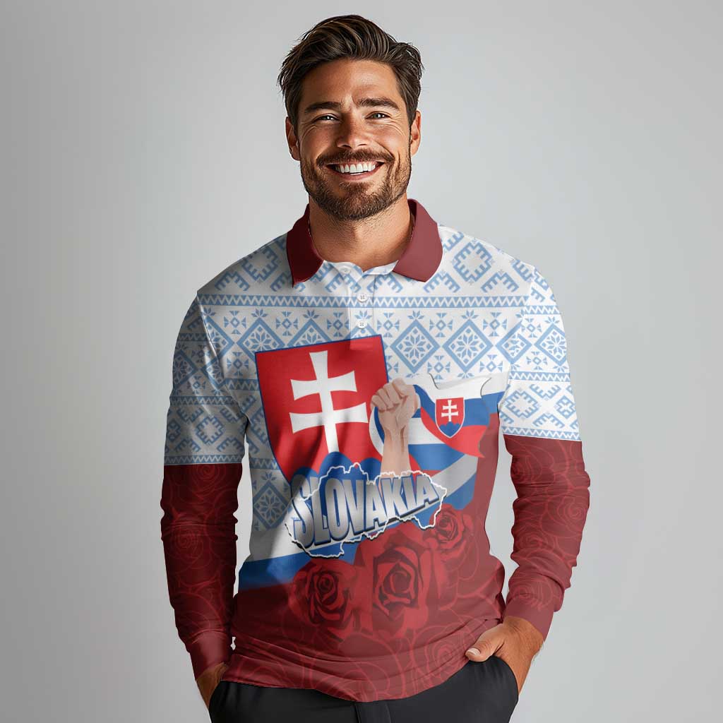 Slovakia Independence Day Long Sleeve Polo Shirt Slovak Map With Rosa Slavic Pattern
