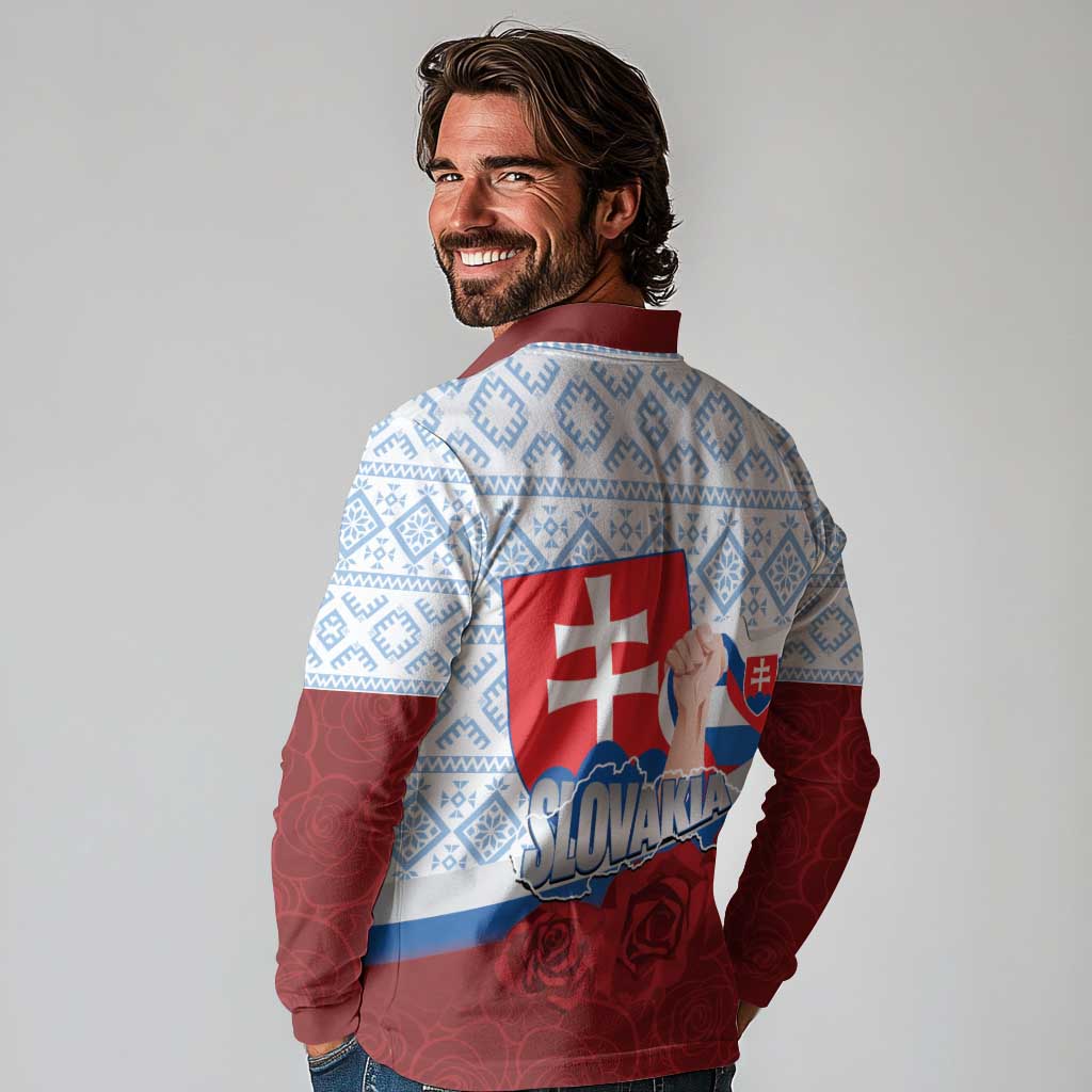 Slovakia Independence Day Long Sleeve Polo Shirt Slovak Map With Rosa Slavic Pattern