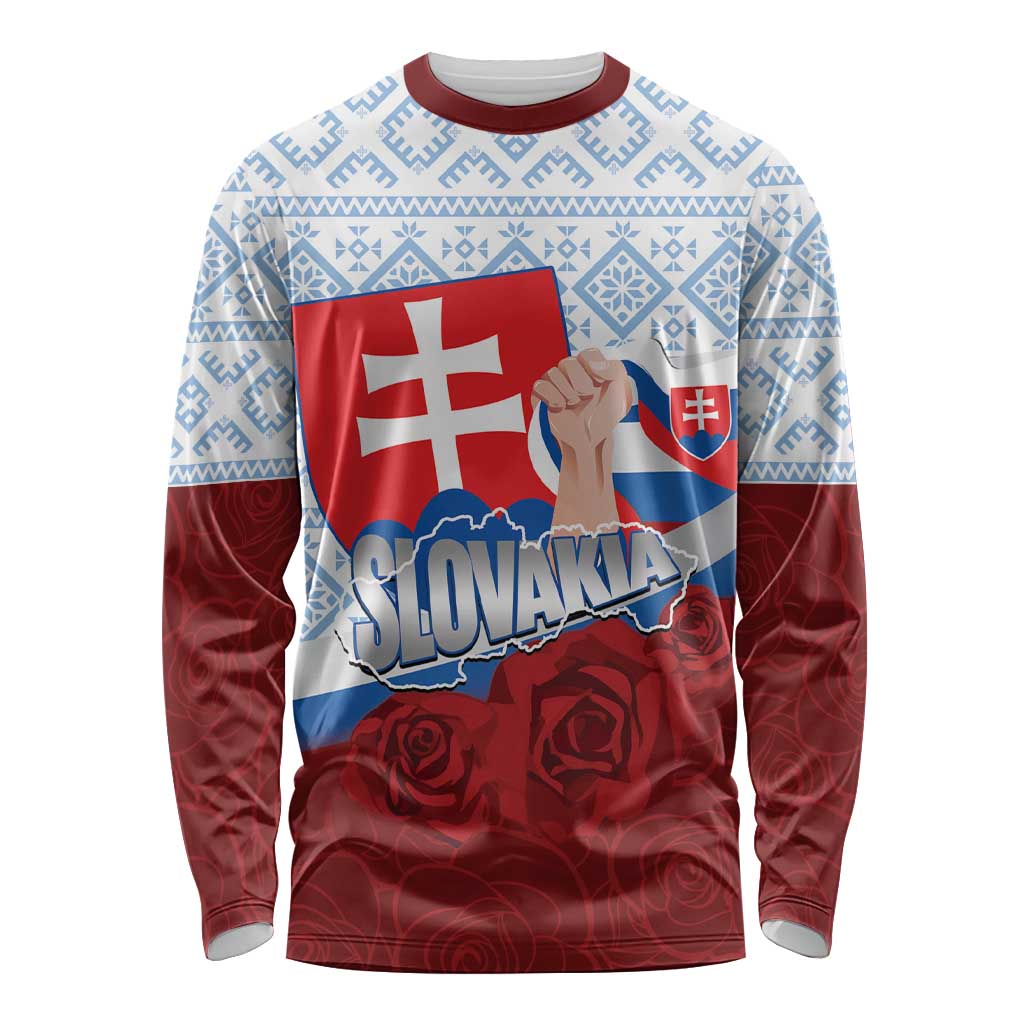 Slovakia Independence Day Long Sleeve Shirt Slovak Map With Rosa Slavic Pattern