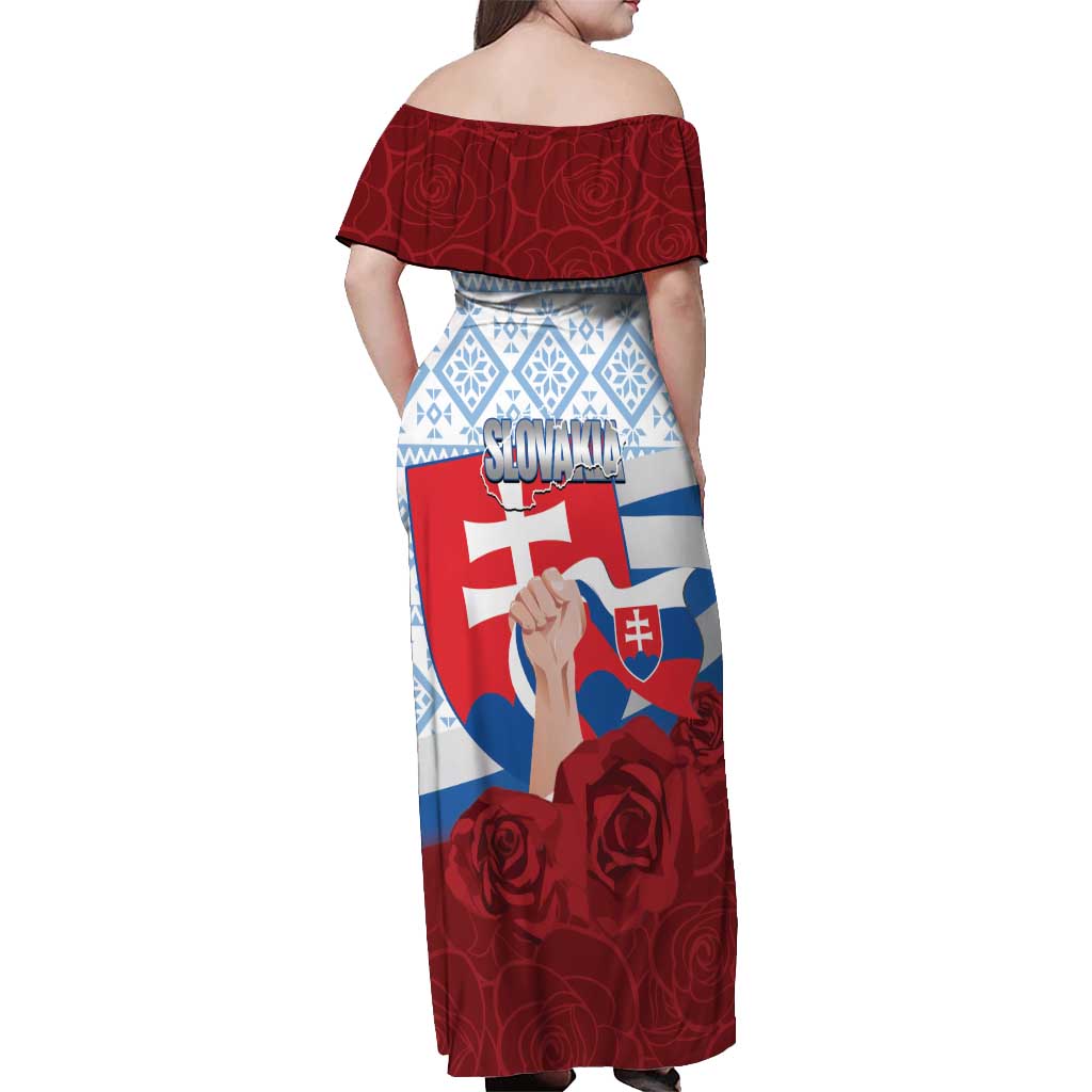 Slovakia Independence Day Off Shoulder Maxi Dress Slovak Map With Rosa Slavic Pattern