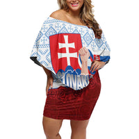 Slovakia Independence Day Off Shoulder Short Dress Slovak Map With Rosa Slavic Pattern