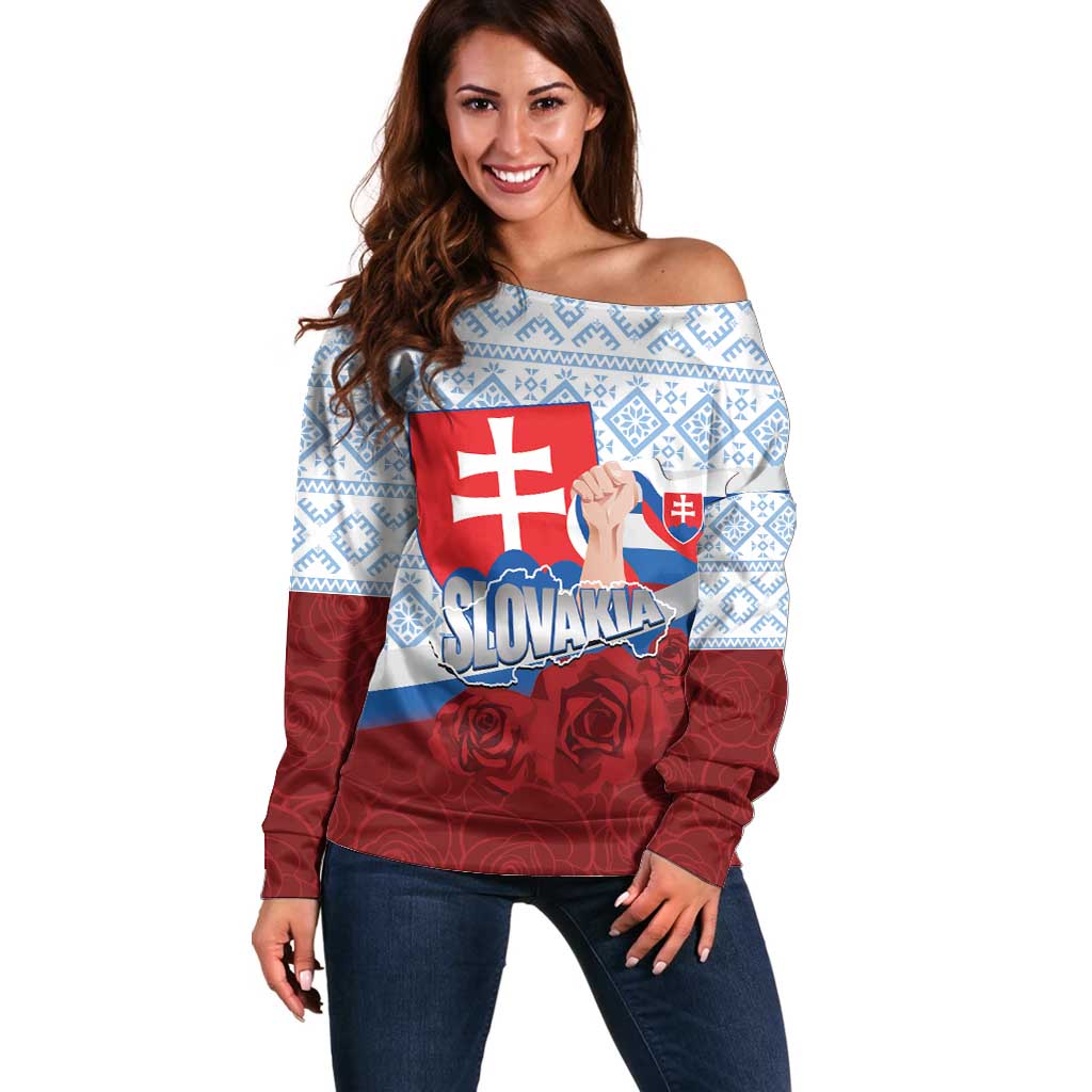 Slovakia Independence Day Off Shoulder Sweater Slovak Map With Rosa Slavic Pattern