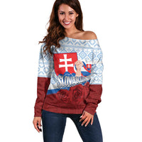 Slovakia Independence Day Off Shoulder Sweater Slovak Map With Rosa Slavic Pattern
