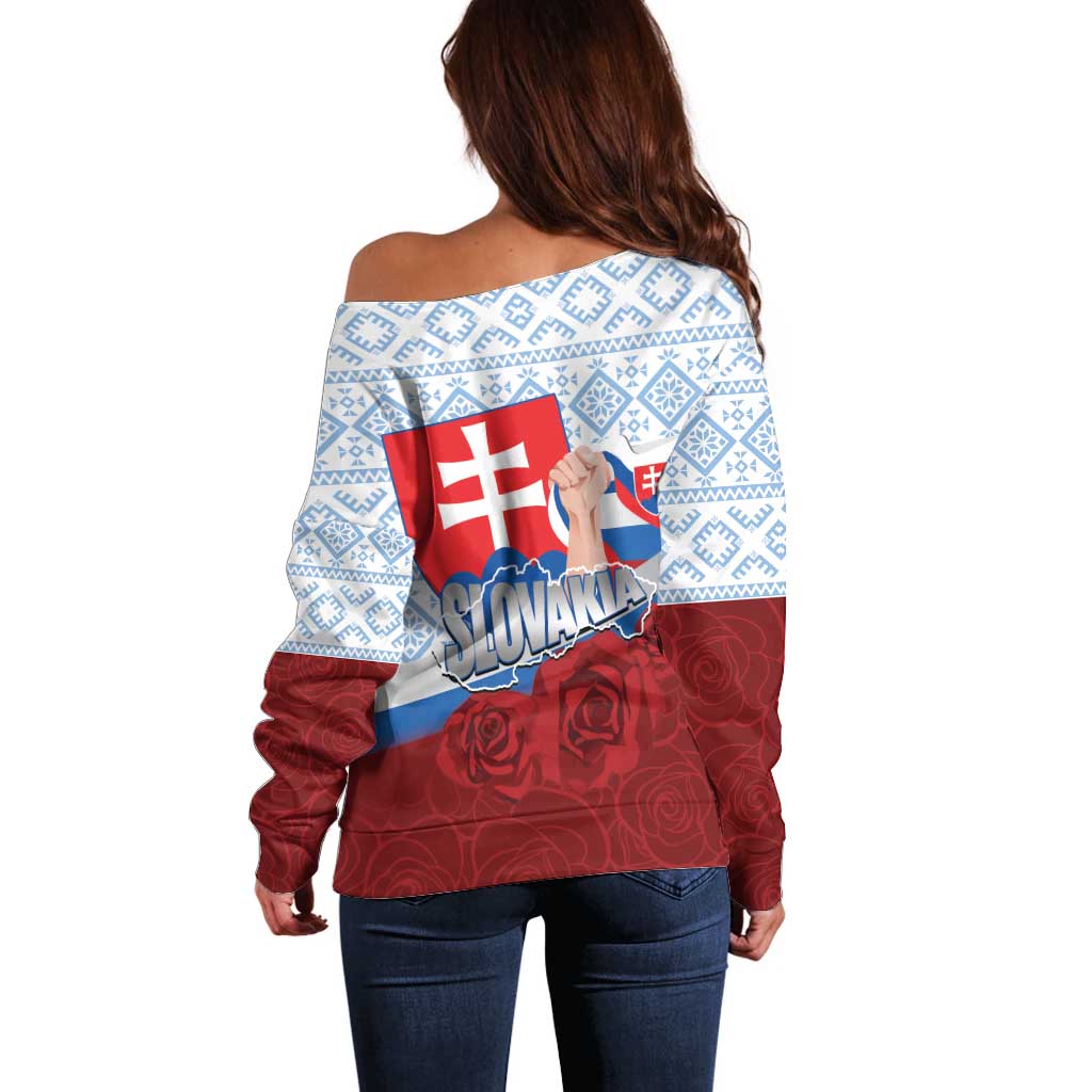 Slovakia Independence Day Off Shoulder Sweater Slovak Map With Rosa Slavic Pattern