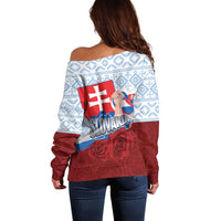 Slovakia Independence Day Off Shoulder Sweater Slovak Map With Rosa Slavic Pattern