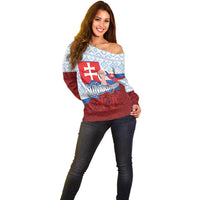 Slovakia Independence Day Off Shoulder Sweater Slovak Map With Rosa Slavic Pattern