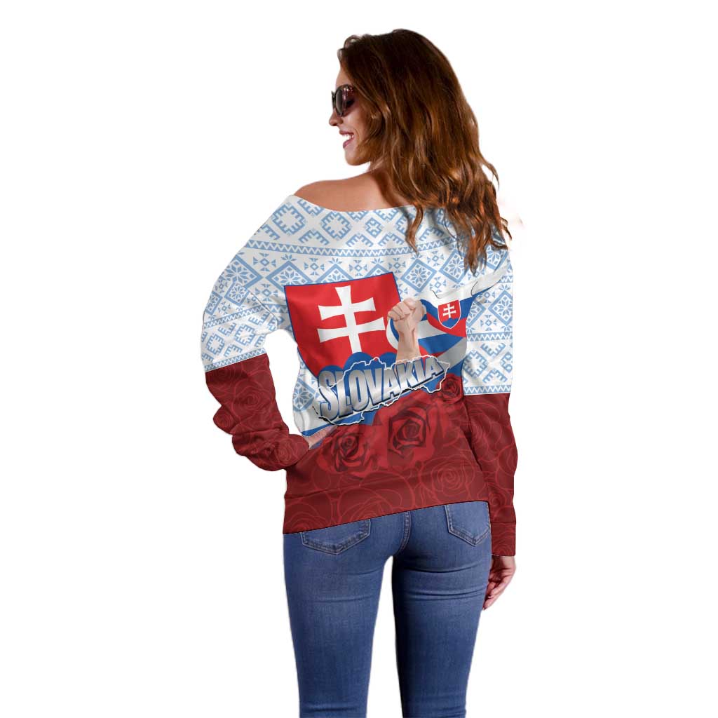 Slovakia Independence Day Off Shoulder Sweater Slovak Map With Rosa Slavic Pattern