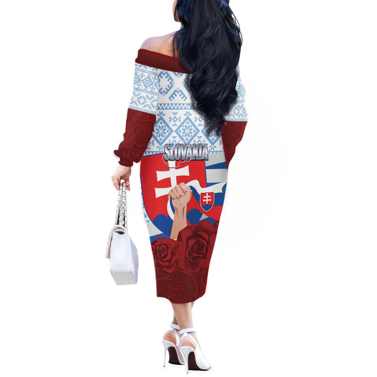 Slovakia Independence Day Off The Shoulder Long Sleeve Dress Slovak Map With Rosa Slavic Pattern