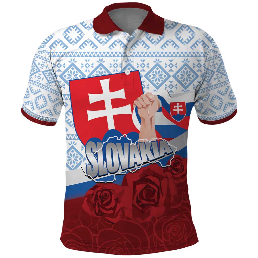Slovakia Independence Day Polo Shirt Slovak Map With Rosa Slavic Pattern