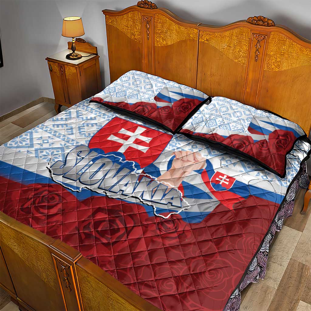 Slovakia Independence Day Quilt Bed Set Slovak Map With Rosa Slavic Pattern