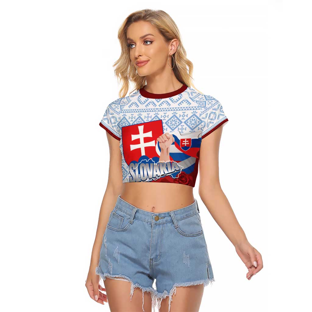Slovakia Independence Day Raglan Cropped T Shirt Slovak Map With Rosa Slavic Pattern