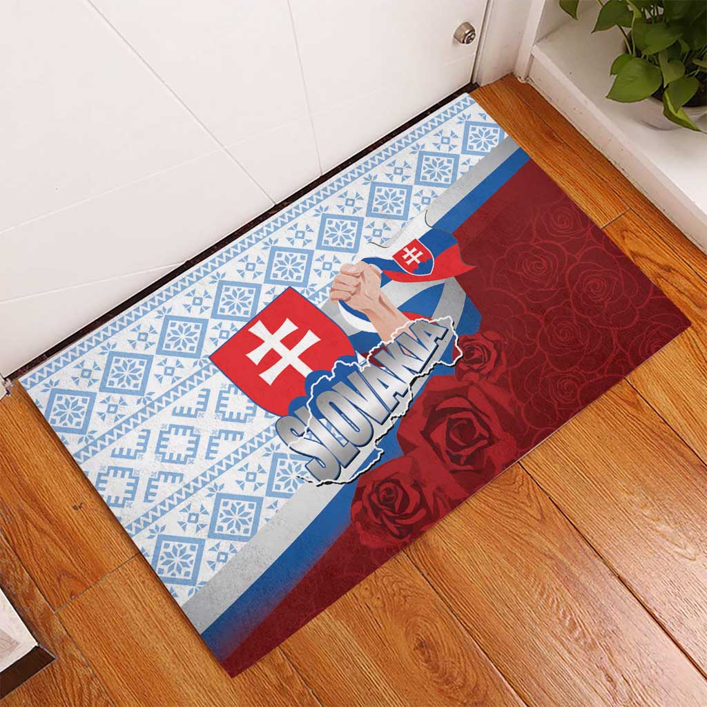 Slovakia Independence Day Rubber Doormat Slovak Map With Rosa Slavic Pattern
