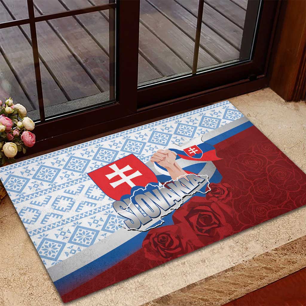 Slovakia Independence Day Rubber Doormat Slovak Map With Rosa Slavic Pattern
