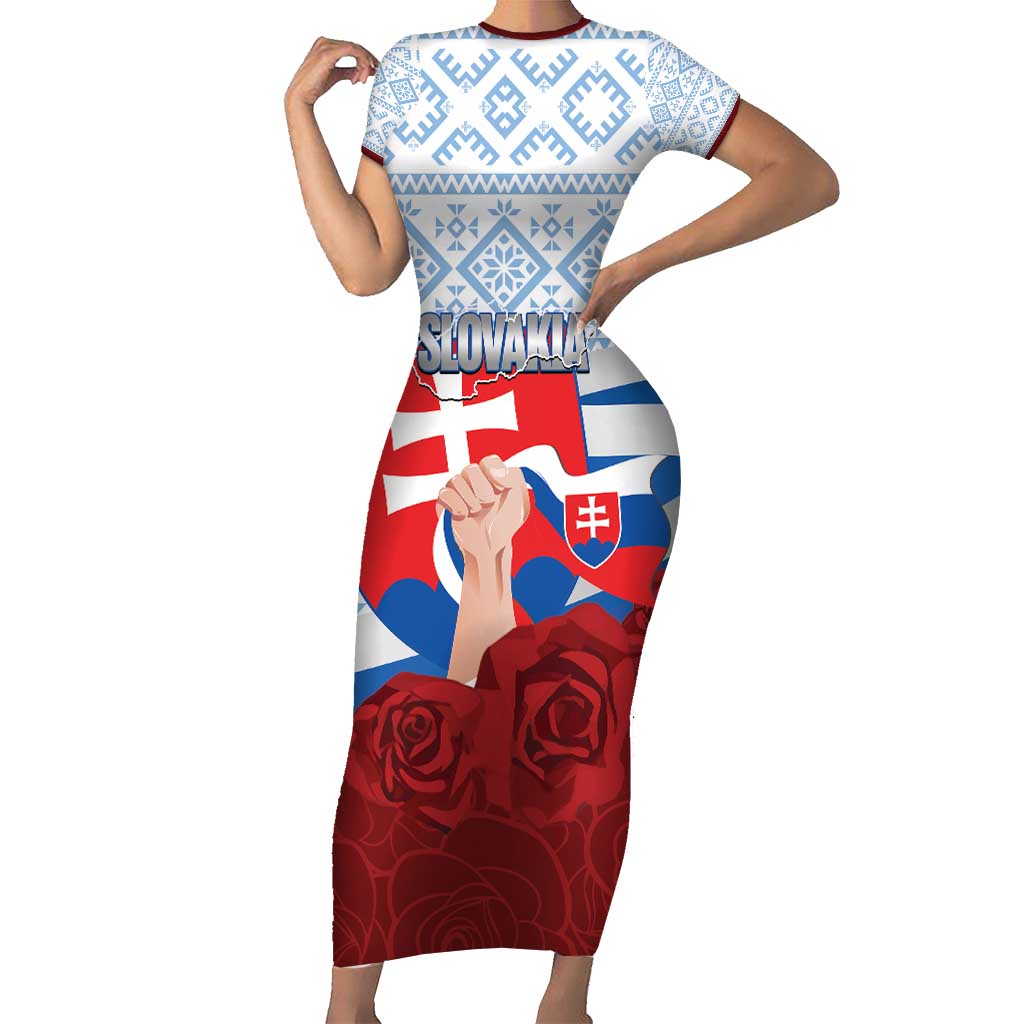 Slovakia Independence Day Short Sleeve Bodycon Dress Slovak Map With Rosa Slavic Pattern