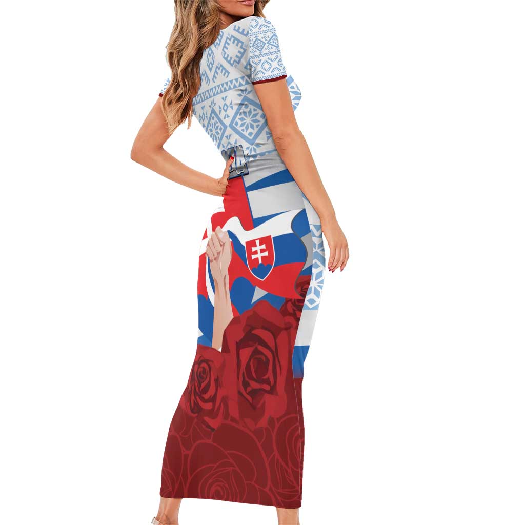 Slovakia Independence Day Short Sleeve Bodycon Dress Slovak Map With Rosa Slavic Pattern