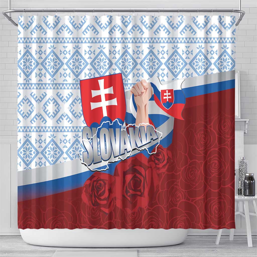 Slovakia Independence Day Shower Curtain Slovak Map With Rosa Slavic Pattern