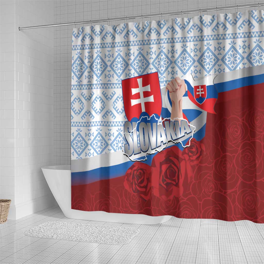 Slovakia Independence Day Shower Curtain Slovak Map With Rosa Slavic Pattern