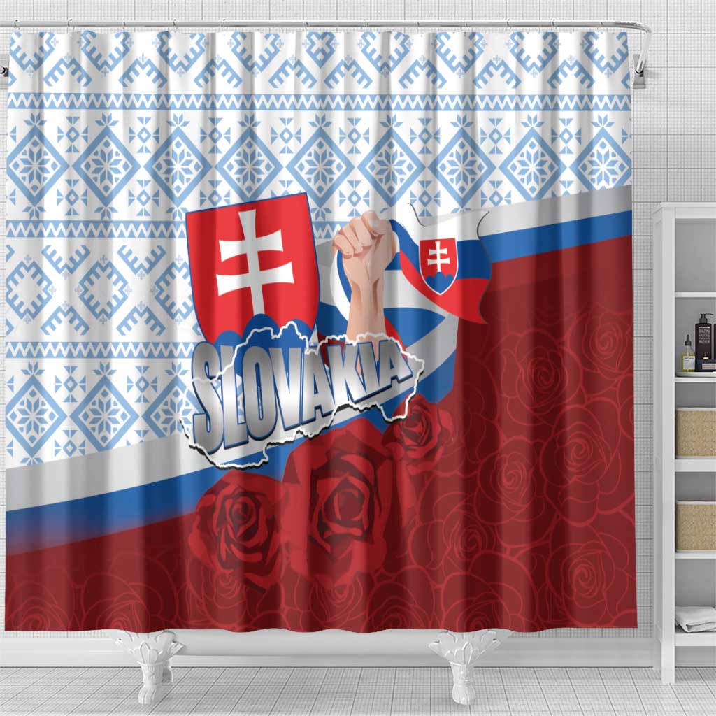 Slovakia Independence Day Shower Curtain Slovak Map With Rosa Slavic Pattern