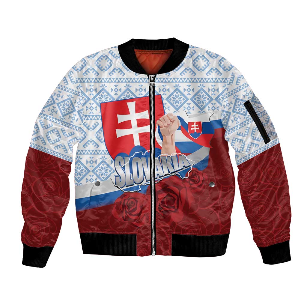 Slovakia Independence Day Sleeve Zip Bomber Jacket Slovak Map With Rosa Slavic Pattern