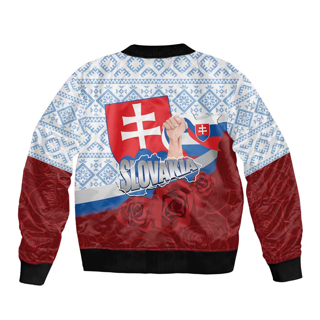 Slovakia Independence Day Sleeve Zip Bomber Jacket Slovak Map With Rosa Slavic Pattern