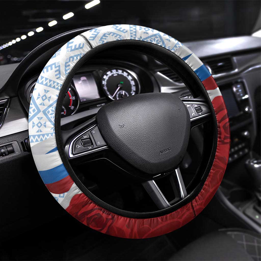 Slovakia Independence Day Steering Wheel Cover Slovak Map With Rosa Slavic Pattern