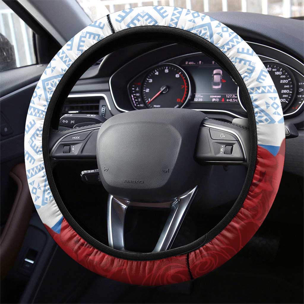 Slovakia Independence Day Steering Wheel Cover Slovak Map With Rosa Slavic Pattern