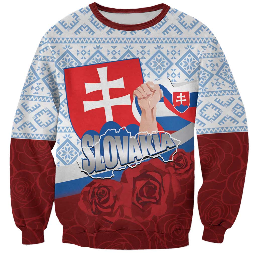 Slovakia Independence Day Sweatshirt Slovak Map With Rosa Slavic Pattern