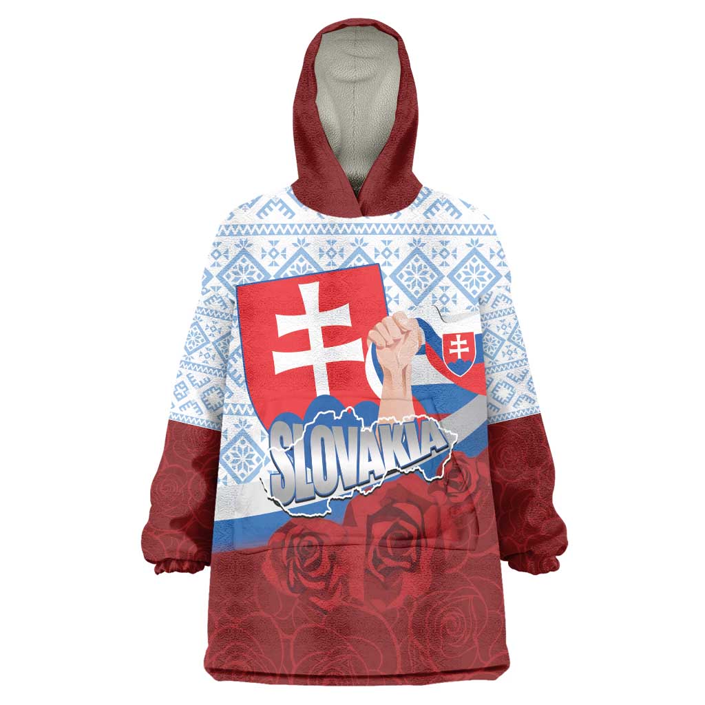 Slovakia Independence Day Wearable Blanket Hoodie Slovak Map With Rosa Slavic Pattern