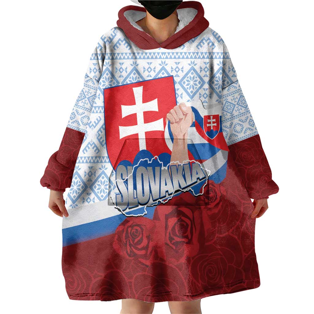 Slovakia Independence Day Wearable Blanket Hoodie Slovak Map With Rosa Slavic Pattern