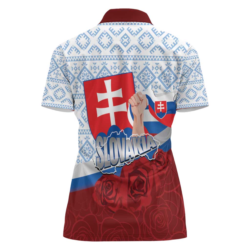 Slovakia Independence Day Women Polo Shirt Slovak Map With Rosa Slavic Pattern