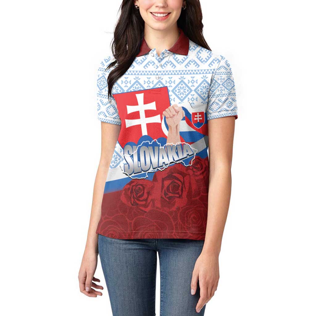 Slovakia Independence Day Women Polo Shirt Slovak Map With Rosa Slavic Pattern