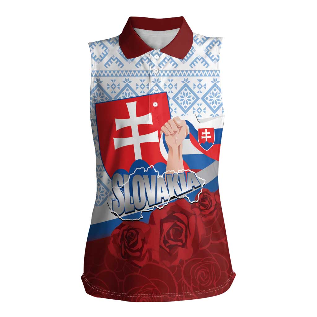 Slovakia Independence Day Women Sleeveless Polo Shirt Slovak Map With Rosa Slavic Pattern