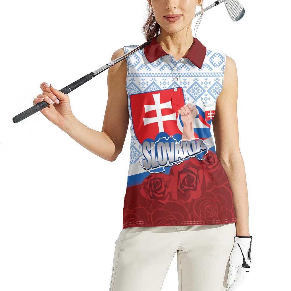 Slovakia Independence Day Women Sleeveless Polo Shirt Slovak Map With Rosa Slavic Pattern