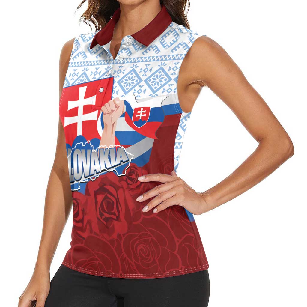 Slovakia Independence Day Women Sleeveless Polo Shirt Slovak Map With Rosa Slavic Pattern