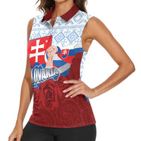 Slovakia Independence Day Women Sleeveless Polo Shirt Slovak Map With Rosa Slavic Pattern