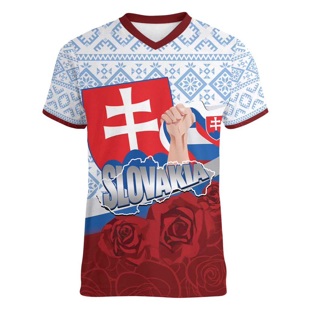Slovakia Independence Day Women V-Neck T-Shirt Slovak Map With Rosa Slavic Pattern