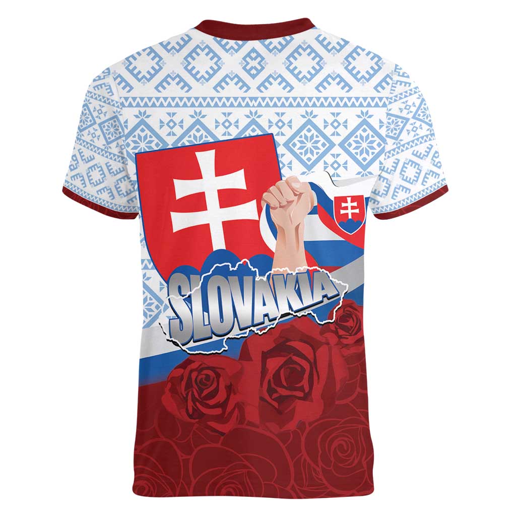 Slovakia Independence Day Women V-Neck T-Shirt Slovak Map With Rosa Slavic Pattern