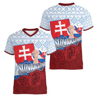 Slovakia Independence Day Women V-Neck T-Shirt Slovak Map With Rosa Slavic Pattern