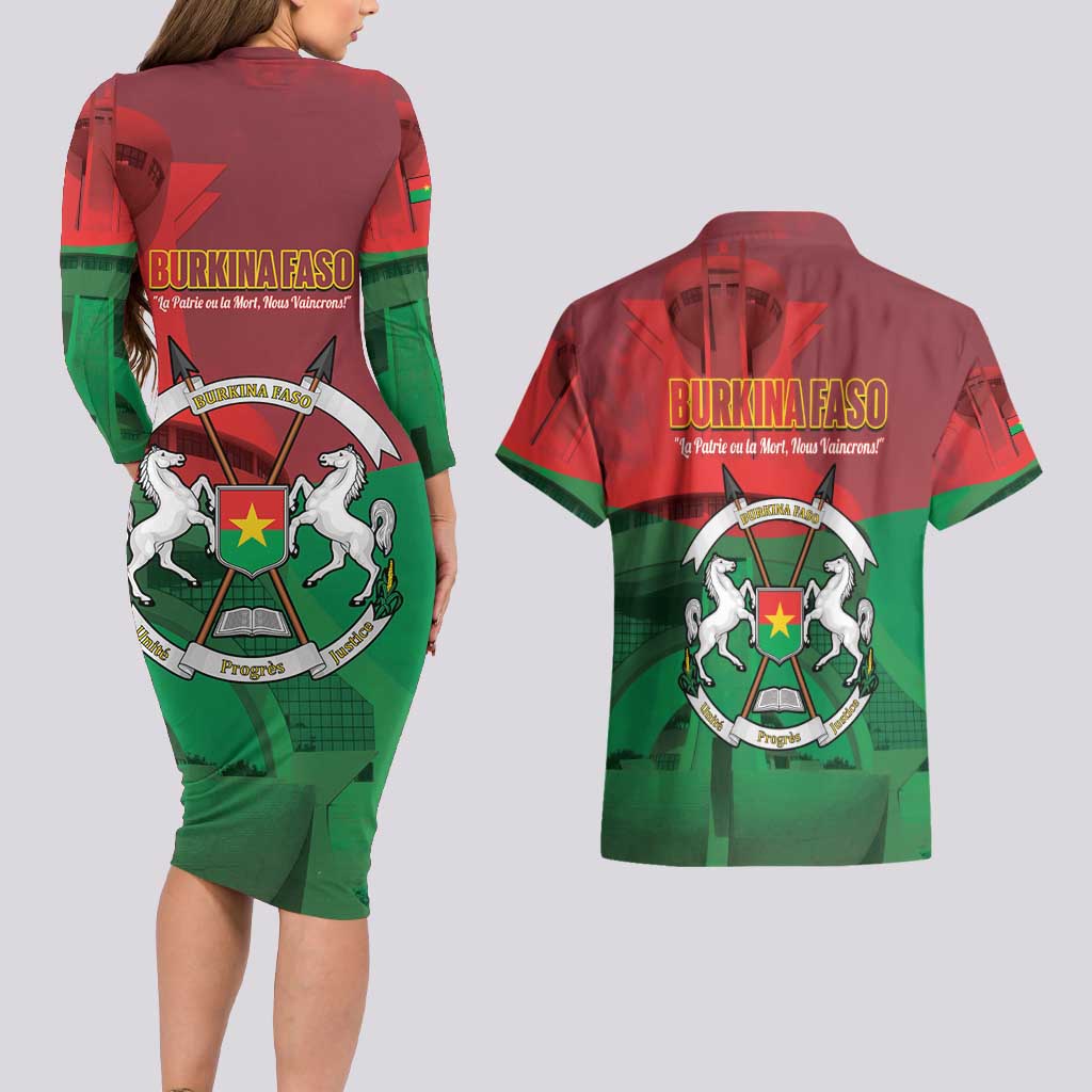 Burkina Faso Independence Day Couples Matching Long Sleeve Bodycon Dress and Hawaiian Shirt National Heroes Monument Proud