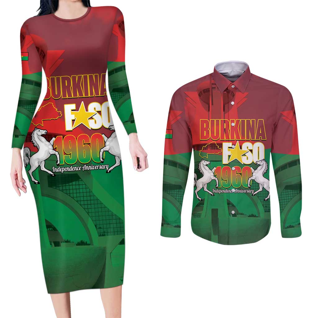 Burkina Faso Independence Day Couples Matching Long Sleeve Bodycon Dress and Long Sleeve Button Shirt National Heroes Monument Proud