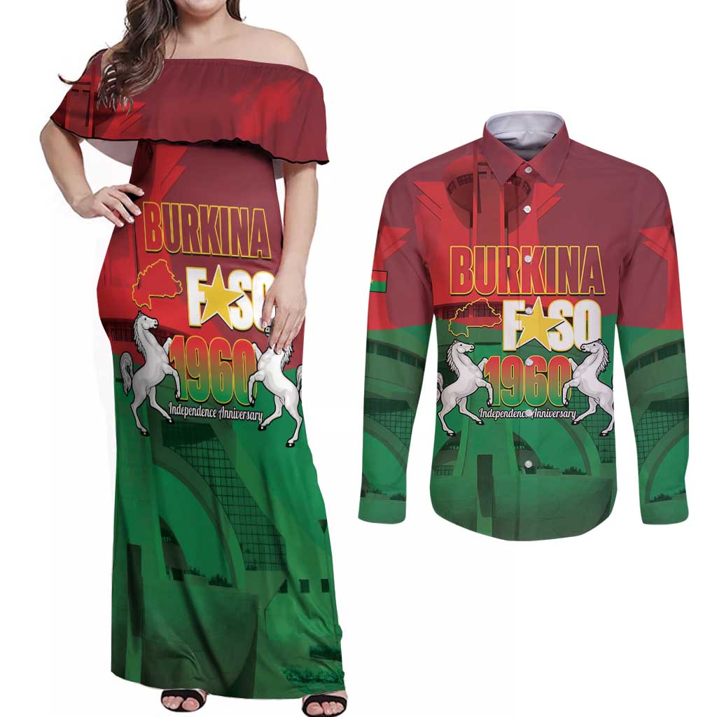 Burkina Faso Independence Day Couples Matching Off Shoulder Maxi Dress and Long Sleeve Button Shirt National Heroes Monument Proud