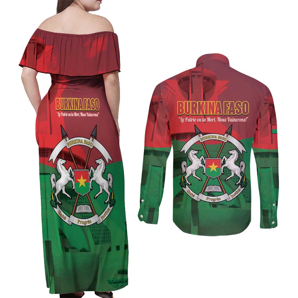 Burkina Faso Independence Day Couples Matching Off Shoulder Maxi Dress and Long Sleeve Button Shirt National Heroes Monument Proud