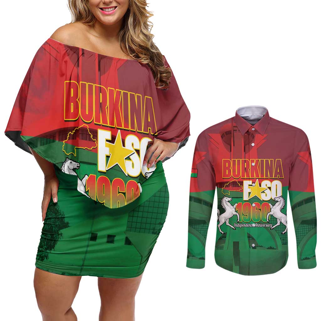 Burkina Faso Independence Day Couples Matching Off Shoulder Short Dress and Long Sleeve Button Shirt National Heroes Monument Proud