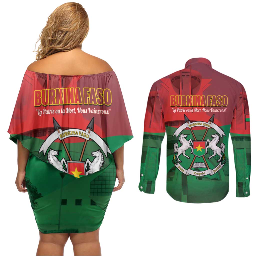 Burkina Faso Independence Day Couples Matching Off Shoulder Short Dress and Long Sleeve Button Shirt National Heroes Monument Proud